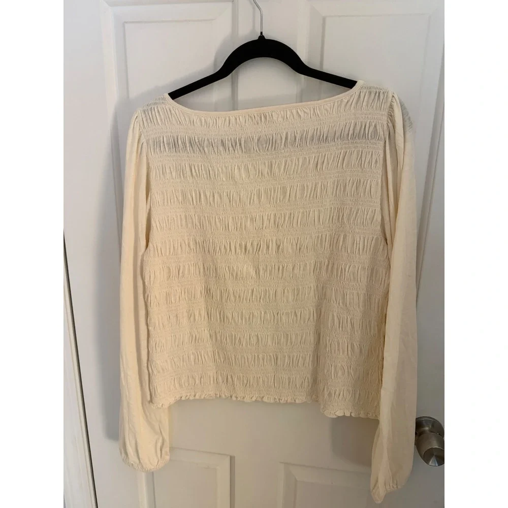 Madewell Cream Smocked Long Sleeve Puff Shoulder Blouse XXL Ivory Scoop Neck